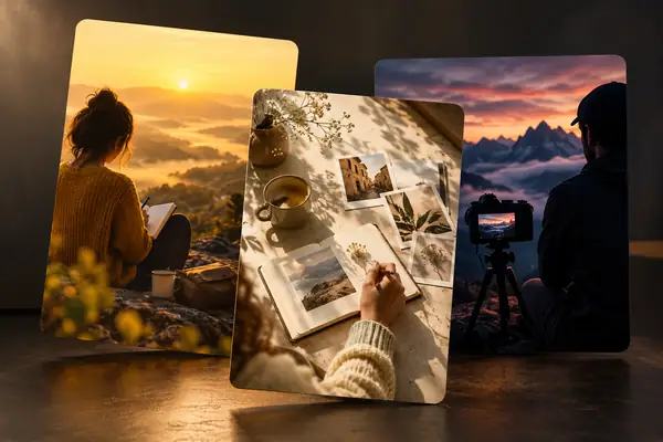 Trois cartes de contenu éditorial qui se chevauchent sur un arrière-plan sombre de studio : une couverture de blog jaune chaleureux, un carrousel social crème et une miniature vidéo sombre, présentés comme des concepts de design soignés.